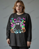 Cute Ghost Print Wash Cotton Round Neck Long Sleeve Plus Size Top